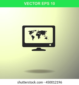 Computer with world map icon. Illustration for business.