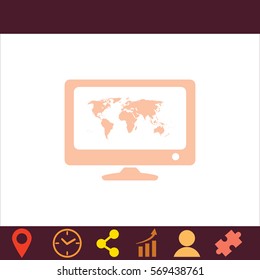 Computer with world map  icon. Vector design. 