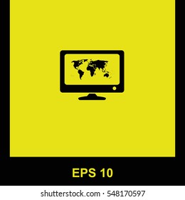 Computer with world map vector black icon. Isolated illustration. Business picture.