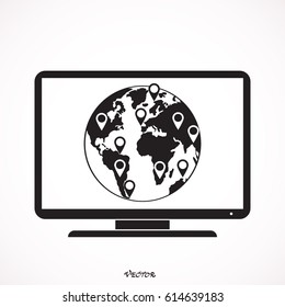 Computer with world map vector grey icon on white background. 