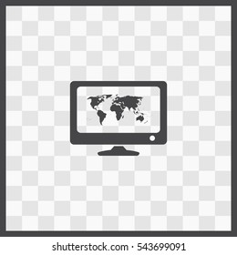 Computer with world map vector icon. Isolated illustration. Business picture.
