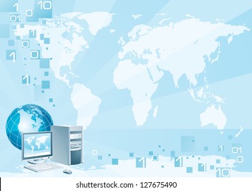Computer world. Vector illustration of the computer with the flat monitor, the mouse and the globe on an abstract background with a world map