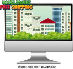 Computer with worldwide free shipping logo illustration