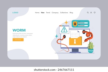 Computer worm threat web or landing. Sinister malware sneaks into the system, bypassing security. Data compromise, hacking alert. Protect digital assets. Flat vector illustration