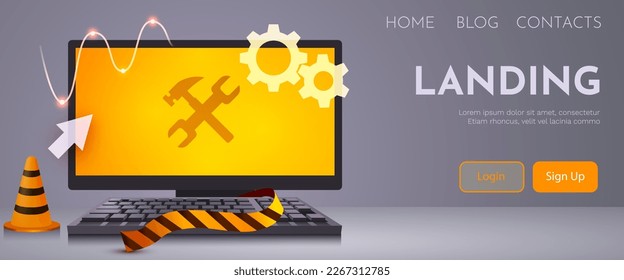 Ordenador con llave y martillo en la pantalla. Servicio de reparación de ordenadores, mantenimiento, asistencia técnica. El sitio web está en construcción. Ilustración del vector