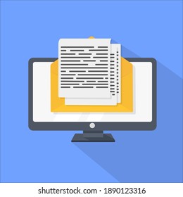 Computer and yellow envelope. New message or email. Computer with mail icon isolated on background. Flat icon with long shadow. Vector stock illustration
