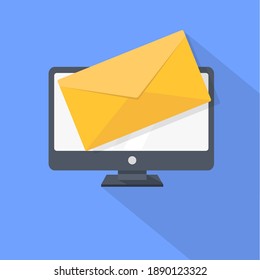 Computer and yellow envelope. New message or email. Computer with mail icon isolated on background. Flat icon with long shadow. Vector stock illustration