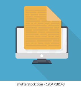 computer and yellow shhet with text on light blue background with shadows Flat icon with long shadow. Vector stock illustration