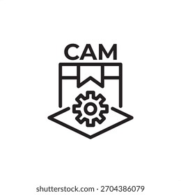 Computer-Aided Manufacturing (CAM) icon. A box package with a gear and dimensional design area labeled CAM. Represents automated machining, digital production, CNC control, and industrial automation.