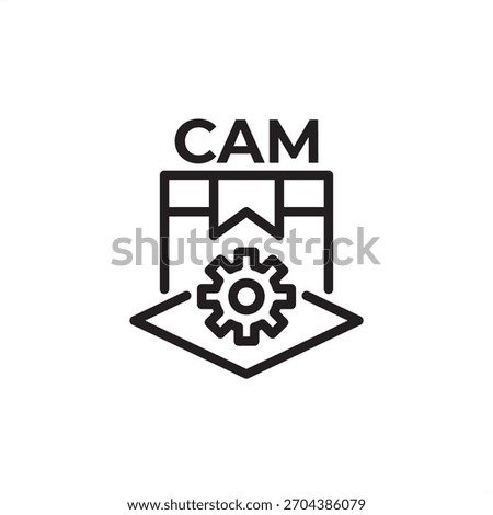 Computer-Aided Manufacturing (CAM) icon. A box package with a gear and dimensional design area labeled CAM. Represents automated machining, digital production, CNC control, and industrial automation.