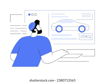 Computer-aided-engineering abstract concept vector illustration. Engineer with laptop improving product design using CAD software, automotive industry, car manufacturing abstract metaphor.