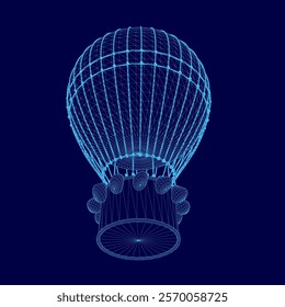 Computer-generated image of a hot air balloon with a blue design. The balloon is floating in the air, and the image has a cool, futuristic feel to it