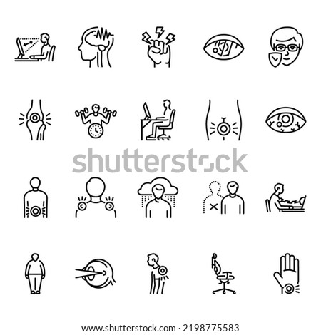 Computer-induced medical problems color line icons set. Signs for web page, mobile app, button. Editable stroke.