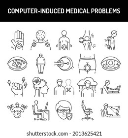 Los iconos de la línea de problemas médicos inducidos por el ordenador se configuran. Elemento vector aislado.