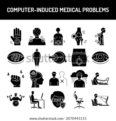 Computer-induced medical problems line icons set. Isolated vector element. Outline pictograms for web page, mobile app, promo. Editable stroke.