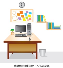 The computerized corner is located on a wooden desk, Vector illustration