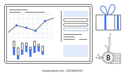 A computerized interface displaying a line chart, bar chart, form fields, a wrapped gift, and a Bitcoin blockchain symbol in black, blue, and white. Ideal for financial analysis and reports user