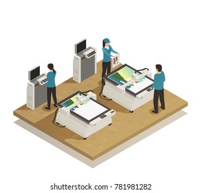 Computerized large format digital press equipment and operators in modern printing house facility isometric composition vector illustration 