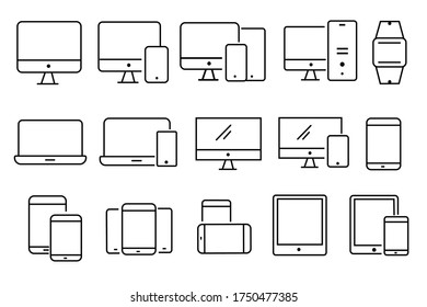 Computer,laptop and mobile phone variations line icons