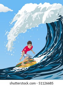Computer-made illustration of a cool surfer riding a big ocean wave - Cartoon style
