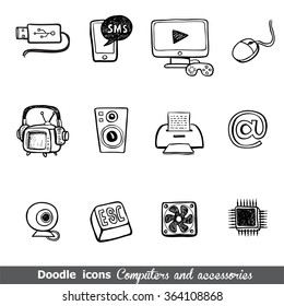 Computers and accessories doodles icon set.