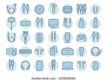 Computers and accessories icons set. Set of Electronic Devices line Icons vector; Electronic Appliances; Mobile Accessories; PC Upgrading Components; Smart Home devices; Electronic devices and gadgets