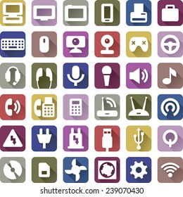 Computers and accessories icons set.  Vector white flat icons with long slanting shadow isolated on color square background.