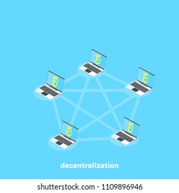 Computers with the bitcoin symbol are connected to a decentralized network, an isometric image