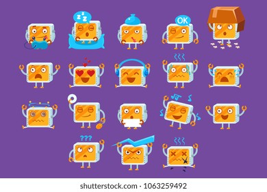 Computers cartoon characters with different situations and emotions, big set vector illustration