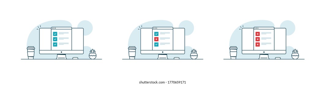 Computers with checklists. Set of computers with check marks and cross marks. The concept of online testing. Vector illustrations in line art style