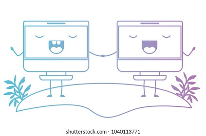 computers display couple kawaii characters