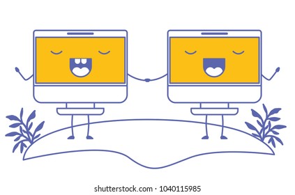 computers display couple kawaii characters