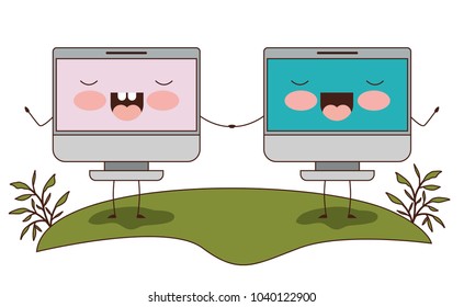 computers display couple kawaii characters
