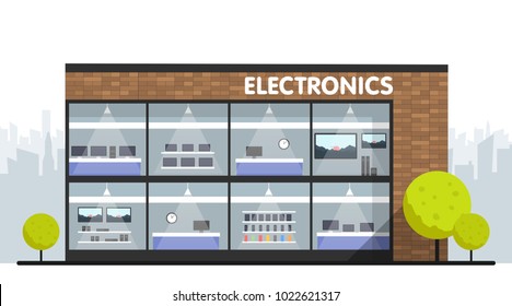 Computers And Electronics Store Building And Interior, Laptops Mobile Phones And Television Screens Showcase And City Skyline On Background. Vector Illustration