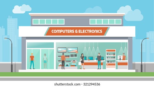 Computers and electronics store building and interior, laptops mobile phones and television screens showcase and customers buying products