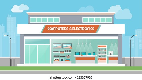 Computers And Electronics Store Building And Interior, Laptops Mobile Phones And Television Screens Showcase And City Skyline On Background