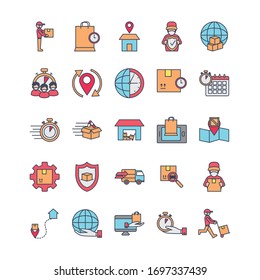 computers and fast delivery icon set over white background, line and fill style, vector illustration