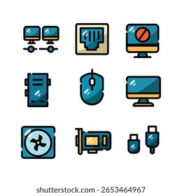 Computers and hardware device icons perfect for tech related designs. Suitable for websites, apps, presentations, and tech themed graphics projects.