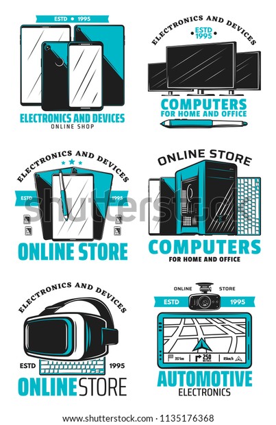 Computers for home and office icons. Modern\
devices and electronic supplies online store technology shop with\
TV and car navigator, displays and gadgets. Smartphones and virtual\
reality glasses\
vector
