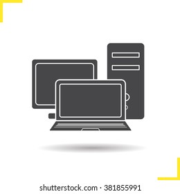 Computers icon. Drop shadow pictogram. Personal computer, system unit and laptop. Logo concept. Isolated black illustration. Vector silhouette  symbol