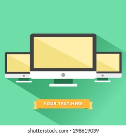 Computers icon. Office work concept. Vector colorful illustration in flat design with ribbon for title or other text.  