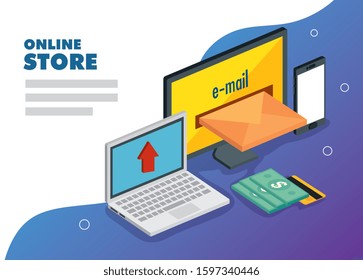 computers with icons of store online vector illustration design