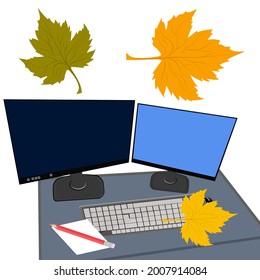 Computers, keyboard, autumn leaves - isolated on white background - vector. Back to school. Sale of school supplies.
