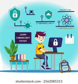 Computers for kids. Web application development and software security. Teaching your child about internet safety. Suitable for e-learning or cybersecurity awareness campaigns.