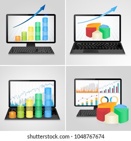 Computers and laptops with financial charts and graphs - business, finance, accounting statistic concept. Vector illustration.