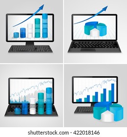 computers and laptops with financial charts and graphs  . Vector illustration.