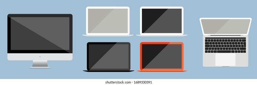 Computers and laptops isolated illustrations. Set of modern technology devices. Opened white, black and orange laptops. Laptop top down view. Computer keyboard. 