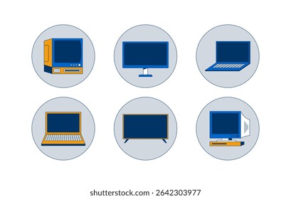 Computadores e monitores em ícones circulares conjunto de objetos de desenho animado 2D. Tela CRT, círculos minimalistas de tela plana da televisão elementos isolados artes de clipe de vetor plano no branco. Coleção de ilustrações especiais