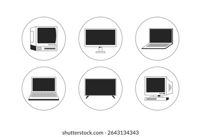 Computers, monitors in circular icons 2D line objects set. CRT display, television flat screen minimalist circles isolated cliparts vector ink outline items. Monochrome spot illustrations collection