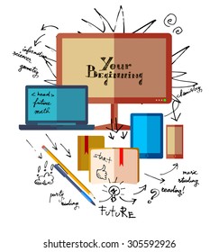 Computers, monitors, laptops, tablets, mobile phones, books, notebooks, books for sketches, notebooks, pens, pencils and sketch freehand hand drawn signs on background for school, studying time